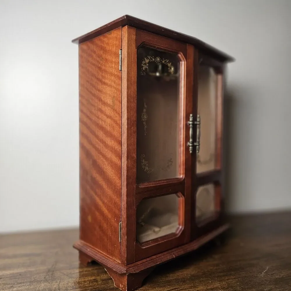Large Vintage Wooden Jewelry Armoire with Gold-Etched Plexiglass Doors